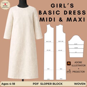 Puede incluir: Un vestido color crema con mangas tres cuartos junto a un diagrama de patrón de costura etiquetado GIRL'S BASIC DRESS MIDI & MAXI. El diagrama incluye líneas de cintura, cadera, midi y maxi, además de opciones de largo de manga.