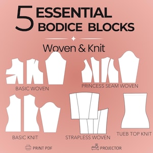 Può includere: Un grafico digitale intitolato 5 ESSENTIAL BODICE BLOCKS Woven & Knit, che mostra modelli di cucito bianchi su uno sfondo rosa polvere. I modelli includono Basic Woven, Princess Seam Woven, Basic Knit, Strapless Woven e Tube Top Knit.