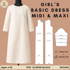 Girl's Basic Dress Sewing Pattern WOVEN : Midi Maxi (Ages 4-18) (PDF Pattern)