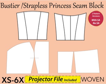 Women's Bustier Block PDF sewing pattern, size XS-6X, strapless princess seam block, strapless pattern, bustier pattern pdf, corset pdf