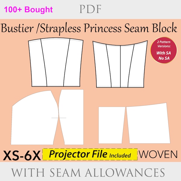 Women's Bustier Block PDF sewing pattern, size XS-6X, strapless princess seam block, strapless pattern, bustier pattern pdf, corset pdf