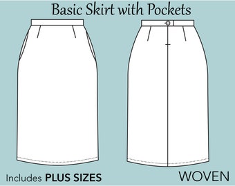 Patron de couture de jupe taille haute avec poches, taille XS-6X, patron de jupe taille haute, patron de jupe basique, pdf de jupe trapèze, mini jupe patineuse