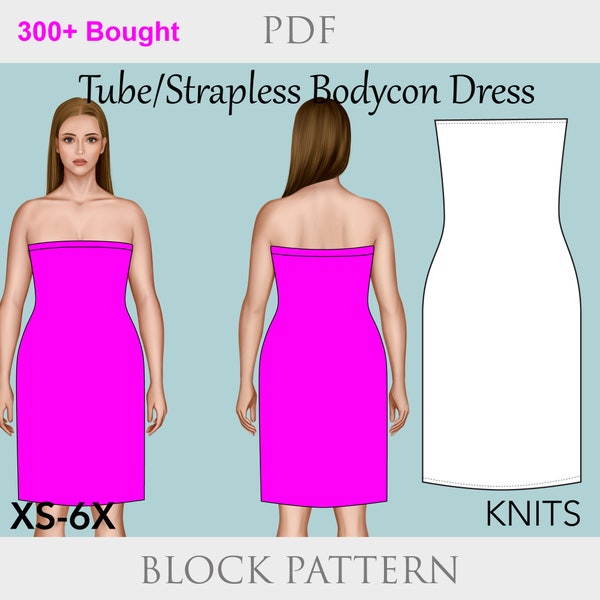 Women's Strapless Tube Dress Sewing Pattern, size XS 6X, midi dress pdf, strapless tube pdf sewing pattern, bodycon dress pdf pattern