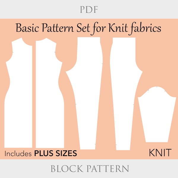 Women's Basic Knit Block Pattern Set size XS-6X, dress sewing pattern, sloper pattern pdf, basic dress pdf, bodycon dress pattern, dress pdf