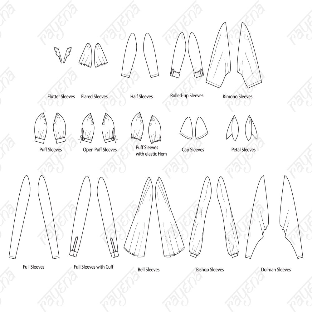 ADOBE ILLUSTRATOR- Sleeves Fashion Flat Library Pack- Adobe Illustrator, technical sketch, digital art, vector art, fashion design sketches