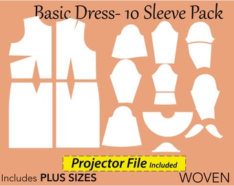 Women's Basic Dress Pattern Woven 10 Sleeves Set, size XS-6X, basic dress sloper, basic block sewing pattern, dress pattern, sleeve bundle