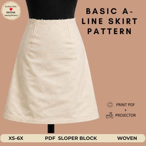 May include: A beige A-line skirt with a high waist and two vertical darts. Text reads: BASIC A-LINE SKIRT PATTERN, Drafted With RAYENA Sewing Patterns, PRINT PDF + PROJECTOR, XS-6X, PDF SLOPER BLOCK, WOVEN. The skirt is displayed on a black mannequin torso.