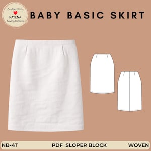 Può includere: Un modello di gonna basic per neonati bianca con la scritta "BABY BASIC SKIRT" in nero. Il modello include una vista frontale della gonna e una vista posteriore. Il testo "RAYENA Sewing Patterns" è in un cerchio in alto a sinistra.
