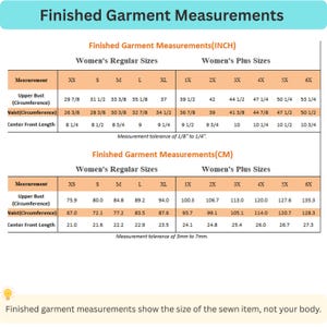 Może przedstawiać: Tabela rozmiar&oacute;w zatytułowana Finished Garment Measurements przedstawiająca dwie tabele dla rozmiar&oacute;w od XS do 6X. Tabele zawierają obw&oacute;d biustu, talii oraz długość przodu w calach i centymetrach, z uwzględnieniem tolerancji pomiaru.