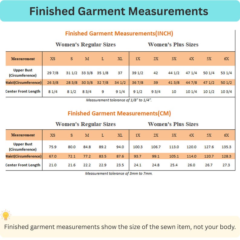 Może przedstawiać: Tabela rozmiar&oacute;w zatytułowana Finished Garment Measurements przedstawiająca dwie tabele dla rozmiar&oacute;w od XS do 6X. Tabele zawierają obw&oacute;d biustu, talii oraz długość przodu w calach i centymetrach, z uwzględnieniem tolerancji pomiaru.