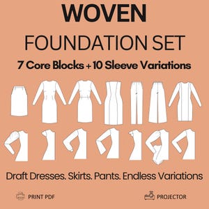 Può includere: Una guida ai cartamodelli intitolata WOVEN FOUNDATION SET con 7 Core Blocks + 10 Sleeve Variations. Il grafico mostra disegni a linee nere di gonne, abiti, pantaloni e vari stili di maniche su uno sfondo color pesca con del testo.