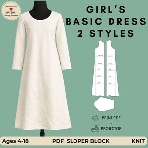 Op de afbeelding: Een crèmekleurige jurk met lange mouwen op een paspop met de tekst GIRL'S BASIC DRESS 2 STYLES, PDF SLOPER BLOCK, AGES 4-18, KNIT, PRINT PDF + PROJECTOR, en een diagram met patroondelen met lijnen voor taille, heup, mini, knie en midi.