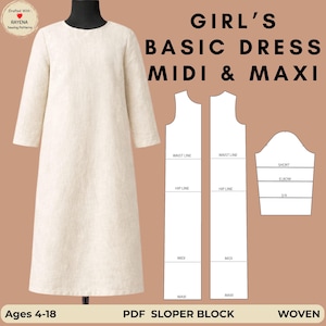Op de afbeelding: Een crèmekleurige midi-jurk met lange mouwen, gepresenteerd op een mannequin. De afbeelding bevat een patroon voor een basisjurk voor meisjes, met de tekst "GIRL'S BASIC DRESS MIDI & MAXI" en "PDF SLOPER BLOCK". Het jurkpatroon is voor de leeftijd van 4-18 jaar.