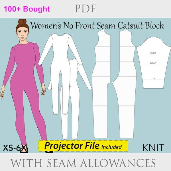 Women Catsuit Seamless Front Bodysuit Sewing Pattern, XS-6X, catsuit seamless front pattern sloper, cosplay pdf, swimsuit bodysuit pdf