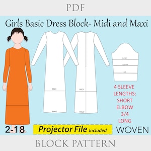 May include: A digital sewing pattern for a basic dress block in sizes 2-18. The pattern includes four sleeve lengths: short, elbow, 3/4, and long. The dress can be made in midi or maxi lengths. The pattern is for woven fabrics and includes a projector file.