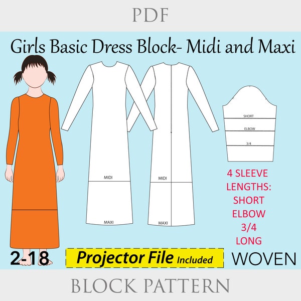 Girls Basic Woven Dress Sewing Pattern, kids dress sloper, children block pattern, girls dress pattern, A line dress pdf, dress pattern pdf