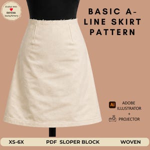 Könnte beinhalten: Ein beigefarbener A-Linien-Rock auf einer Schneiderpuppe mit dem Text BASIC A-LINE SKIRT PATTERN, Drafted With RAYENA Sewing Patterns, Adobe Illustrator + Projector und XS-6X PDF SLOPER BLOCK WOVEN. Der Rock hat eine hohe Taille und Abnäher.