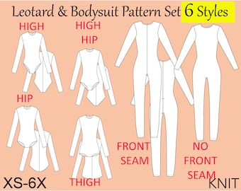 6 Styles Leotard Bodysuit Set Sewing Pattern, size XS-6X, cosplay catsuit pattern, no front seam leotard, 4 leg cut leotard sewing pattern