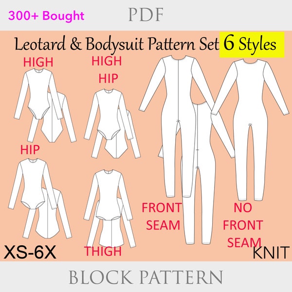 6 Styles Leotard Bodysuit Set Sewing Pattern, size XS-6X, cosplay catsuit pattern, no front seam leotard, 4 leg cut leotard sewing pattern