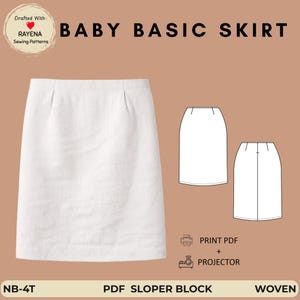 Könnte beinhalten: Ein weißer Baby-Basics-Rock mit gerader Silhouette und zwei kleinen Falten an der Taille. Das Bild enthält den Text BABY BASIC SKIRT, DRAFTED WITH RAYENA SEWING PATTERNS, PRINT PDF + PROJECTOR, NB-4T, PDF SLOPER BLOCK und WOVEN.