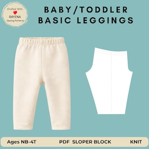Peut inclure: Leggings pour bébé de couleur crème avec une pièce de patron assortie sur fond turquoise. Le texte indique "BABY/TODDLER BASIC LEGGINGS", "Ages NB-4T", "PDF SLOPER BLOCK" et "KNIT". Les leggings sont en tricot doux.