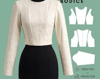 Puede incluir: Un corpiño color crema de manga larga con costuras princesa sobre un maniquí negro. La imagen incluye el texto PRINCESS SEAM BODICE, DRAFTED WITH RAYENA SEWING PATTERNS, XS-6X, PDF SLOPER BLOCK, WOVEN, PRINT PDF + PROJECTOR.