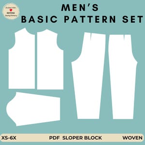 メンズシャツ＆パンツの縫製パターン：織りスローパーブロック（XS～6X）（PDFパターン）