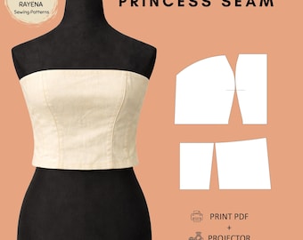 Puede incluir: Un top bustier color crema sin tirantes con costuras princesa sobre un maniquí negro. La imagen incluye el texto BUSTIER/STRAPLESS PRINCESS SEAM, Drafted With RAYENA Sewing Patterns, XS-6X, PDF SLOPER BLOCK, WOVEN, PRINT PDF + PROJECTOR.