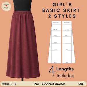 Patron de couture de jupes trapèze pour filles : bloc droit de base (4-18 ans) (Patron PDF)