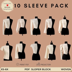 May include: A digital sewing pattern collection titled 10 SLEEVE PACK featuring ten variations of cream-colored sleeves displayed on black mannequins. The text includes DRAFTED WITH RAYENA SEWING PATTERNS, PRINT PDF, PROJECTOR, XS-6X, and WOVEN.