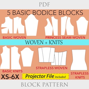 5 Basic Bodice Block PDF Pattern Set | Woven & Knit Slopers XS–6X | Princess Seam, Strapless, Tube Top, Bustier, Basic Fit Bodice