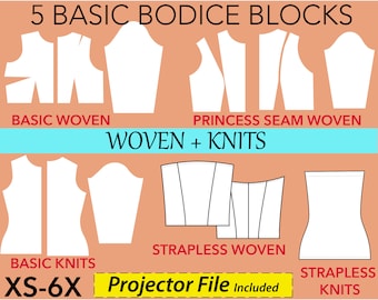 5 Basic Bodice Block Set, size XS-6X, woven knits basic bodice block, basic bodice woven, basic bodice knit, basic block pattern, torso pdf