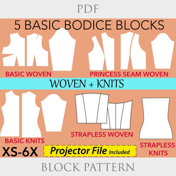 5 Basic Bodice Block Set, size XS-6X, woven knits basic bodice block, basic bodice woven, basic bodice knit, basic block pattern, torso pdf