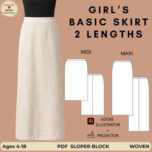 Puede incluir: Un patrón de costura para una falda básica en dos largos, midi y maxi, con una muestra de falda beige, dibujos técnicos de líneas y texto que incluye 'GIRL'S BASIC SKIRT 2 LENGTHS', 'Ages 4-18', 'PDF SLOPER BLOCK' y 'ADOBE ILLUSTRATOR + PROJECTOR'.