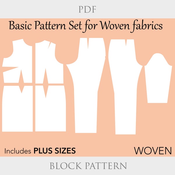 Damen Basic-Block-Muster Gewebte Größe XS-6X, einfacher Kleiderschnitt, gewebter Kleiderblock, Hosen-Hosen-Schnittmuster, gewebtes Slooper-Musterset