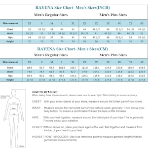May include: Size chart for men's clothing in inches and centimeters. The chart shows measurements for chest, waist, hips, and height in both imperial and metric units. The chart includes sizes from XS to 6X.