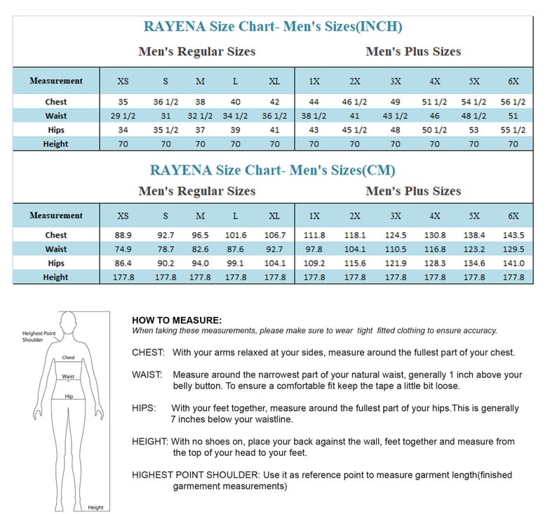 May include: Size chart for men's clothing in inches and centimeters. The chart shows measurements for chest, waist, hips, and height in both imperial and metric units. The chart includes sizes from XS to 6X.