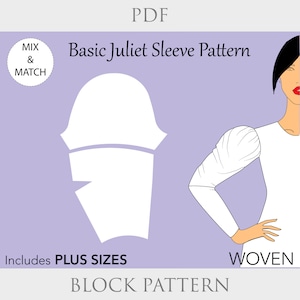 Può includere: Un cartamodello digitale per una manica Juliet basica, con un contorno bianco del cartamodello della manica su uno sfondo viola. Il testo "Basic Juliet Sleeve Pattern" è in nero. Il testo "Includes PLUS SIZES" è in nero. Il testo "WOVEN" è in nero. Il testo "BLOCK PATTERN" è in nero.