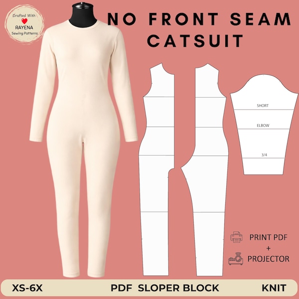 Women's Seamless Catsuit Sewing Pattern: No Front Seam Bodysuit Sloper (XS–6X) (PDF Pattern)