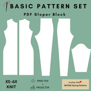 May include: A digital sewing pattern set titled BASIC PATTERN SET PDF Sloper Block, featuring white outlines of a dress, trousers, and sleeve on a sage green background. Includes text XS-6X KNIT, PRINT PDF + PROJECTOR, and Drafted With RAYENA Sewing Patterns.