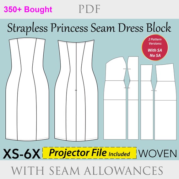 Women's Strapless Sheath Dress Block PDF Sewing Pattern, Size XS