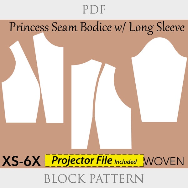 Princess Seam Bodice Block PDF sewing pattern, size XS-6X, basic bodice block pdf, basic princess bodice, princess seam sloper, basic sloper