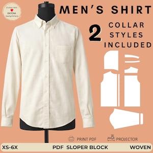 May include: A long-sleeve button-down shirt in cream fabric with a chest pocket and collar. The image includes text reading MEN'S SHIRT, 2 COLLAR STYLES INCLUDED, PRINT PDF, PROJECTOR, PDF SLOPER BLOCK, and XS-6X, alongside white sewing pattern shapes.