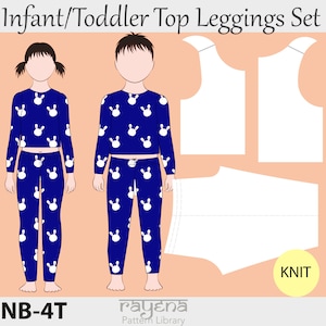 Peut inclure: Patron de couture pour un ensemble haut et leggings en tricot pour bébé/tout-petit. Le patron comprend un haut bleu à imprimé lapin blanc et des leggings bleus à imprimé lapin blanc. Le patron est pour les tailles NB-4T. Le patron est intitulé "Rayena Pattern Library".