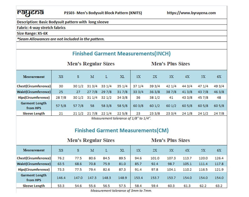 Men's Bodysuit PDF Block Sewing Pattern XS6X bodysuit Etsy