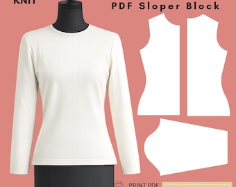 May include: A long-sleeve off-white knit top on a black mannequin, accompanied by white sewing pattern templates. Text reads: XS-6X KNIT, BASIC BODICE PDF Sloper Block, PRINT PDF + PROJECTOR, and Drafted With RAYENA Sewing Patterns.