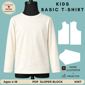 May include: A long-sleeve cream-colored t-shirt on a mannequin. Text reads: KIDS BASIC T-SHIRT, Ages 4-18, PDF SLOPER BLOCK, KNIT, ADOBE ILLUSTRATOR + PROJECTOR. Includes white pattern outlines for the front, back, and sleeve pieces on a teal background.