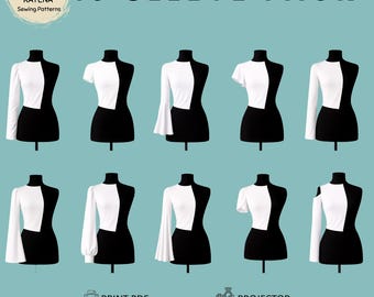 May include: A digital sewing pattern collection titled 10 SLEEVE PACK, featuring ten mannequins displaying various sleeve styles on a white top. Includes text: DRAFTED WITH RAYENA SEWING PATTERNS, PRINT PDF, PROJECTOR, XS-6X, PDF SLOPER BLOCK, KNIT.
