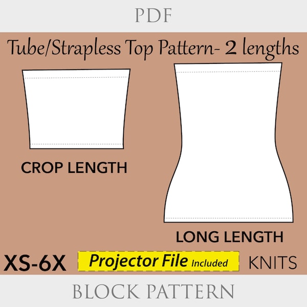 Women's Strapless Tube Top Sewing Pattern Block PDF size XS 6X- strapless top pattern, plus size tube top, tube top pattern, crop top pdf