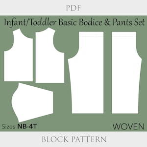 以下が含まれることがあります： 乳児と幼児向けの、基本的なボディーとパンツのセットの裁縫パターンです。サイズはNB-4Tです。このパターンは織物用で、「WOVEN」とラベル付けされています。